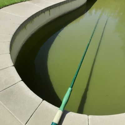 Pool pole reaching into murky green algae water at a stone-edged Prosper TX pool