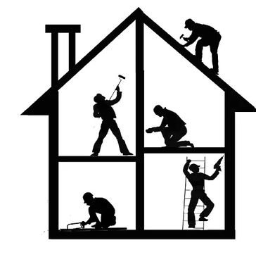 Outline of house with workers in it.