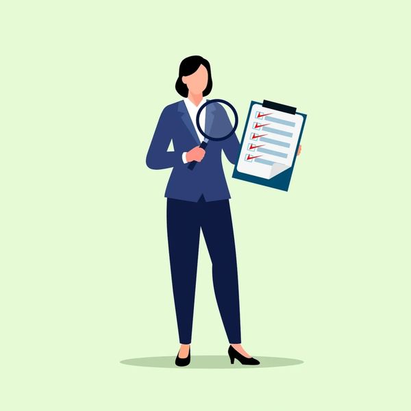 Businesswoman holding checklist and magnifying glass.