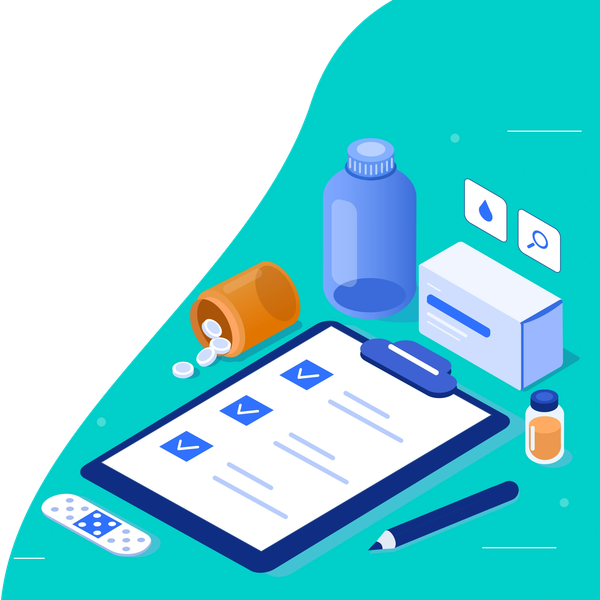Medical checklist with pills, bottles, and bandages on a teal background.