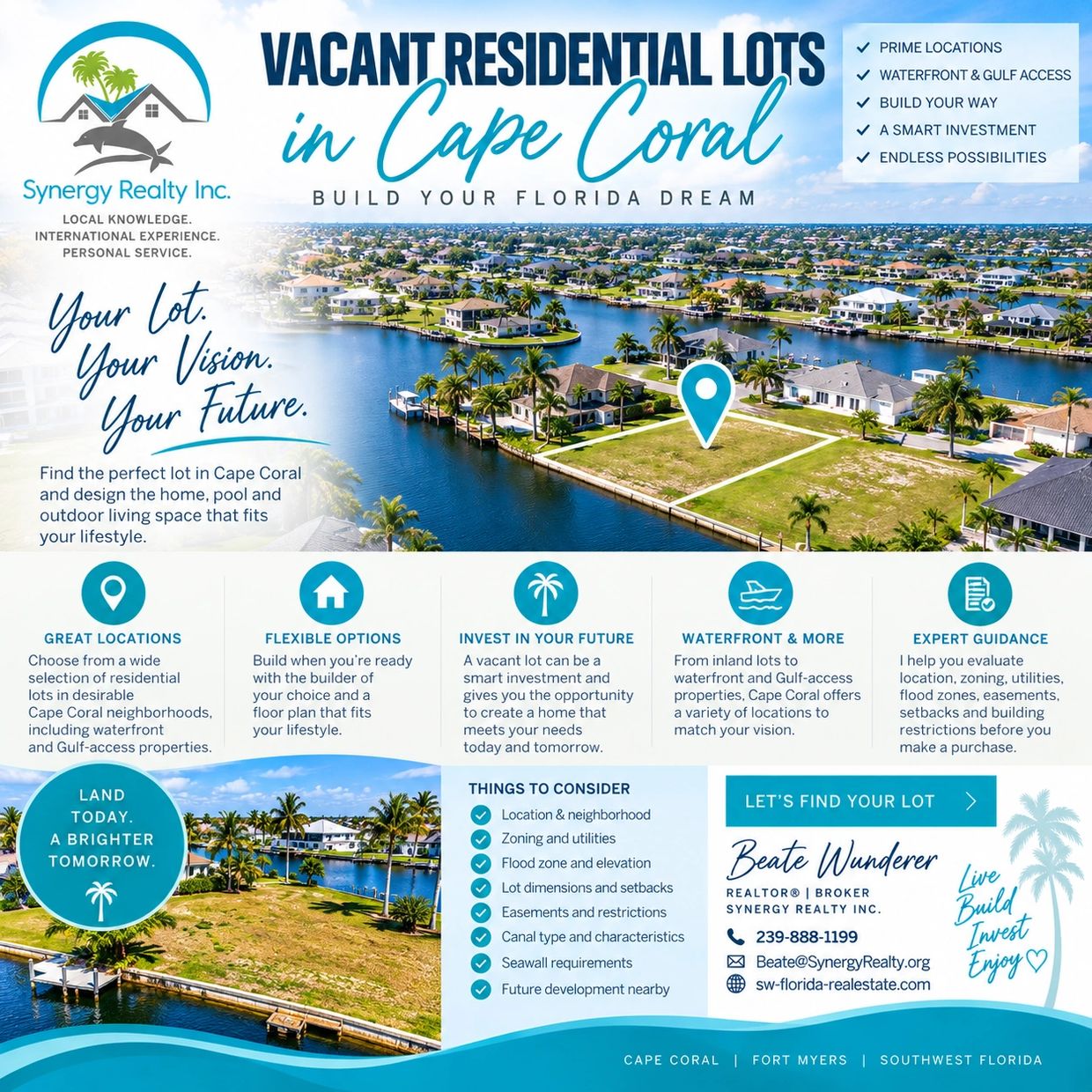 Flyer advertising vacant residential lots in Cape Coral by Synergy Realty Inc.