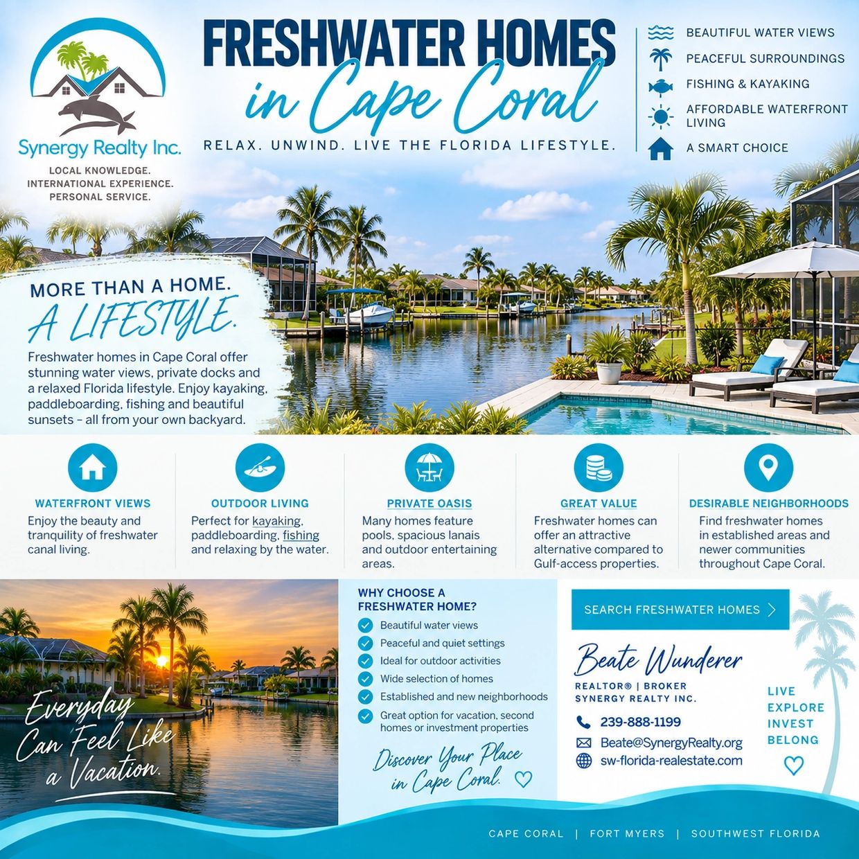 Freshwater homes in Cape Coral offer waterfront views and outdoor living.