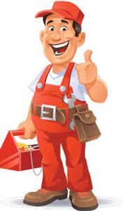 Smiling handyman in red overalls giving a thumbs-up and holding a toolbox.