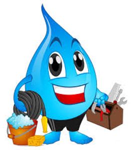 Cartoon water drop character holding tools and cleaning supplies.
