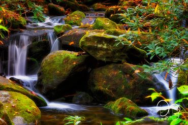 Fine Art Photography Print of a small waterfall gently cascading over rocks a tranquil setting.