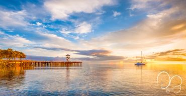 Fine Art Photography Print early morning sunrise with sailboat and pier on Washington Coast.