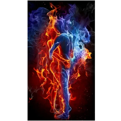 A figure engulfed in contrasting blue and orange flames, symbolizing fire and ice.