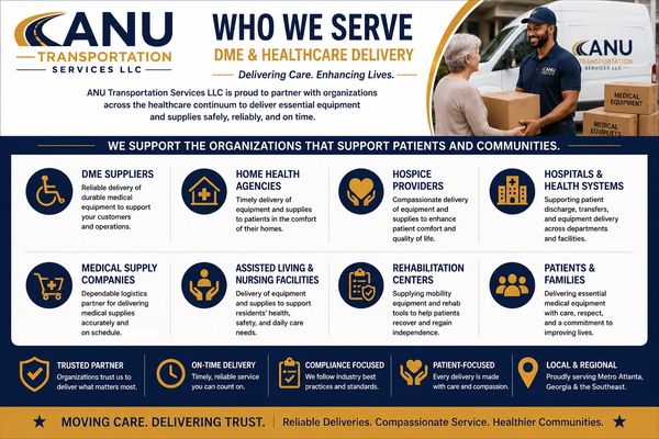 ANU Transportation Services delivering essential healthcare equipment with care and reliability.