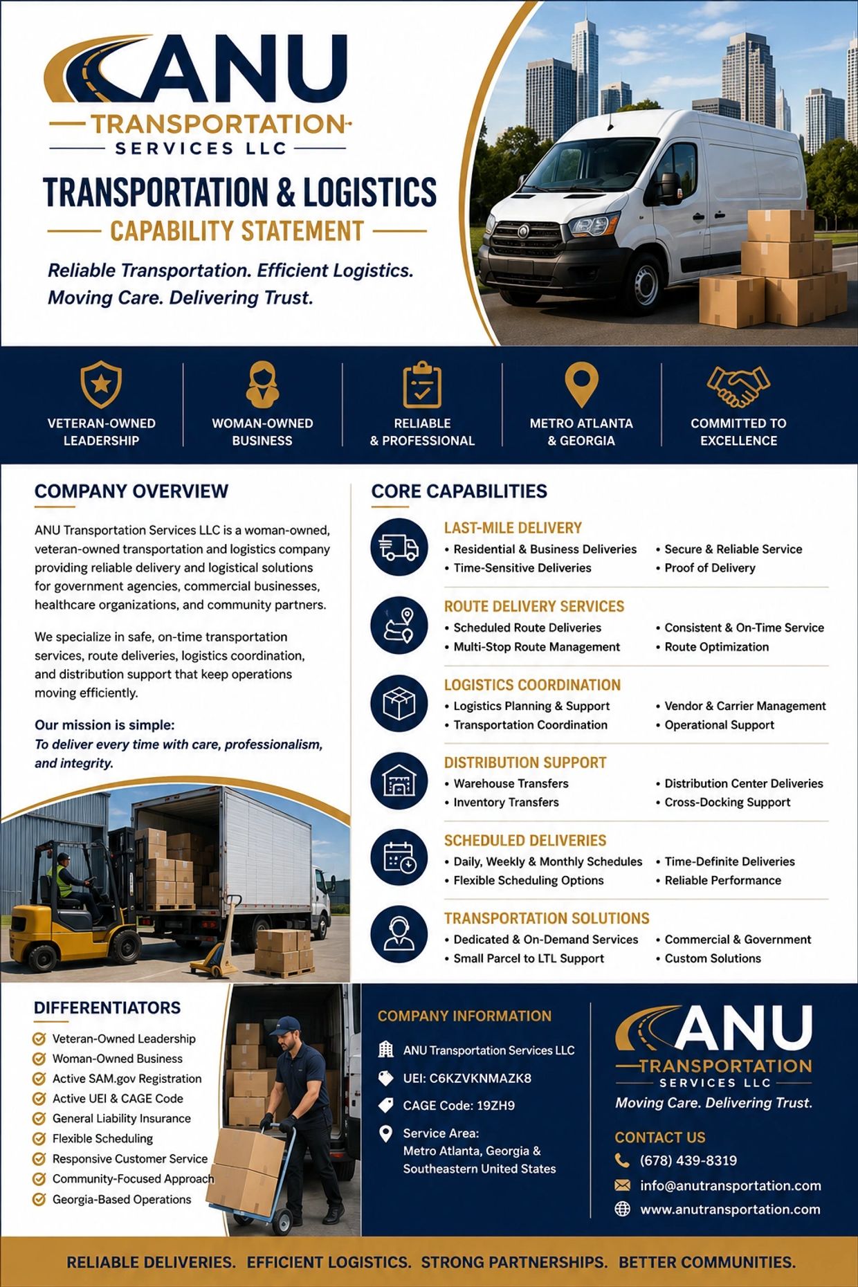 ANU Transportation Services LLC offers reliable, woman- and veteran-owned logistics and delivery solutions in Metro Atlanta and Southeastern US.
