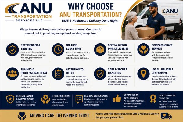 ANU Transportation offers trusted, on-time DME and healthcare delivery with compassionate service.
