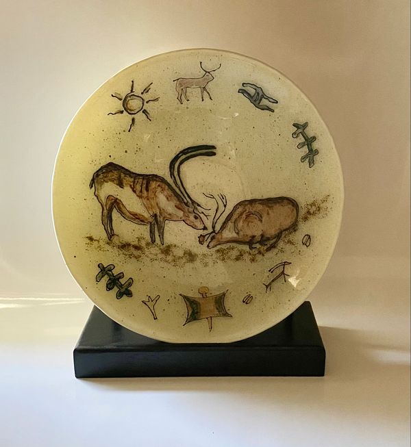 "Con-Cave Lascaux  II" 
Fused glass, painted, slumped.
12" bowl. $450 
On display at The SKyPAC Gall