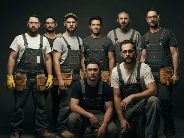 Group of nine male workers in overalls and safety glasses posing together.