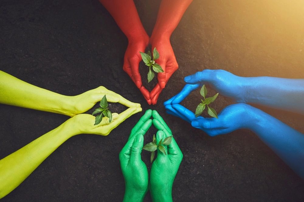 Colored hands holding small plants against dark soil.