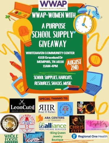 WWAP Women With A Purpose school supply giveaway event with supplies, haircuts, snacks, and music.