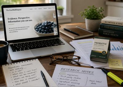 Workspace with laptop, research notes, probiotic supplement, and study materials.