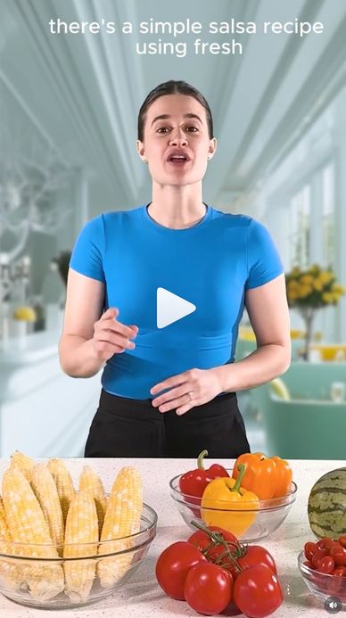 Woman in blue shirt shares a simple fresh salsa recipe with colorful vegetables.