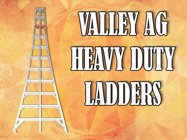 Heavy duty ladder by Valley Ag on an orange geometric background.