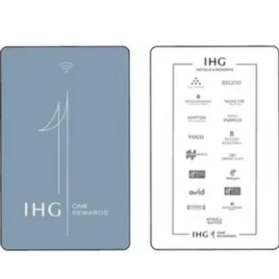 IHG One Rewards membership card with hotel brand logos on the back.