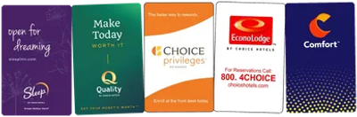 Collection of colorful hotel key cards from various brands.