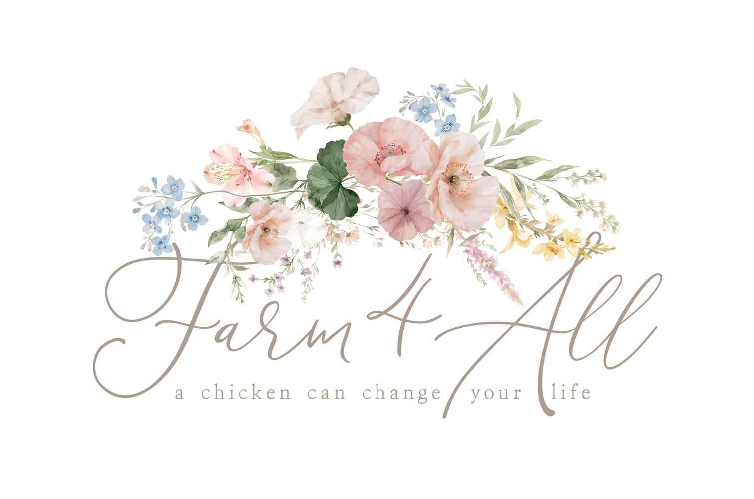 Elegant floral logo with text 'Farm 4 All' and the tagline about chickens changing lives.