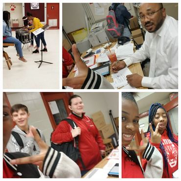 High school students and a teacher in various school activities and selfies.