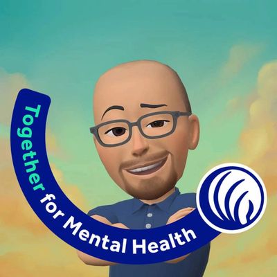 Cartoon avatar with glasses promoting mental health awareness.