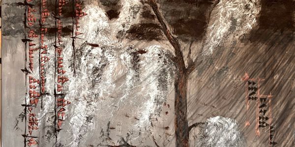 Abstract artwork featuring textured brushstrokes and tree-like forms in muted tones with red accents.