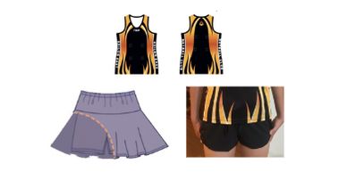 Black and yellow sports jersey with black shorts and a purple skirt design.