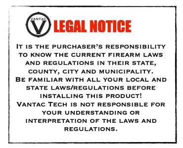 Legal notice about firearm laws and purchaser's responsibility from Vantac Tech.