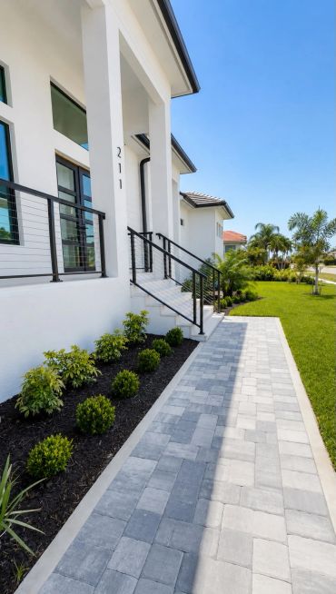 Modern house entrance with white walls and a paved walkway.