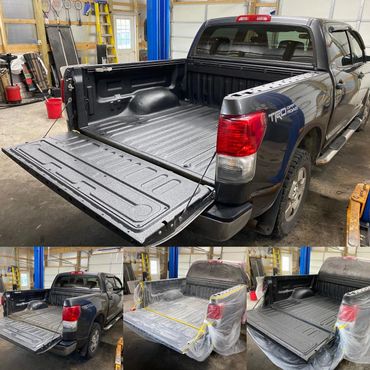 Before, during, and after applying a spray in truck bed liner to this Toyota Tundra.