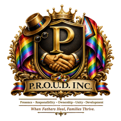 Emblem of P.R.O.U.D. Inc. featuring a handshake, crown, and rainbow flags.