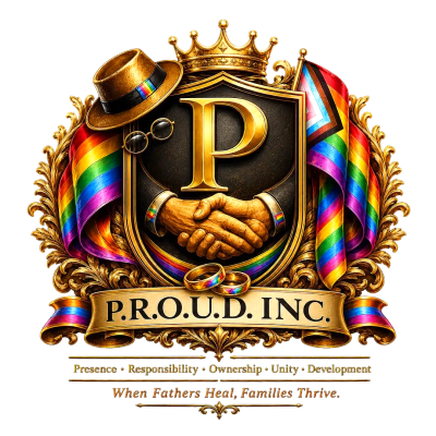 Elegant gold emblem with a crown, rainbow accents, and the text 'P.R.O.U.D. INC'.