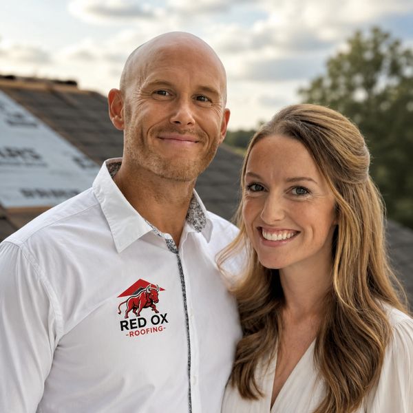 Smiling couple outdoors with Red Ox Roofing logo on shirt.