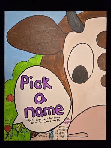 Cartoon cow with speech bubble saying 'Pick a name' referencing Genesis 2:19-20.