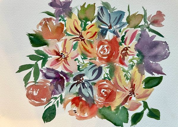 Watercolor painting of a colorful floral bouquet with various flowers and green leaves.