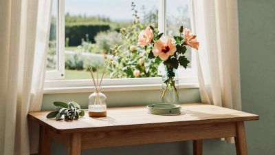 Wooden table with flowers and diffuser by an open window.