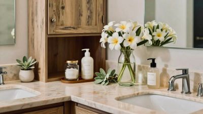 Bathroom countertop with flowers and soap dispensers.