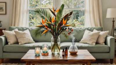 Cozy living room with green sofa and tropical flower arrangement.