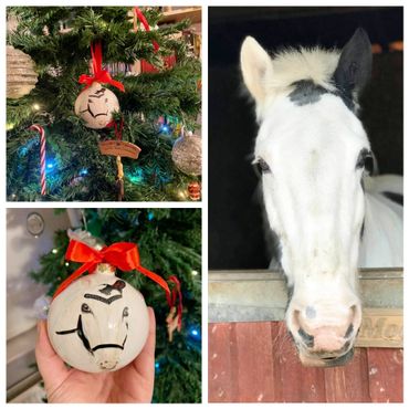 Black and white horse and hand painted portrait of the horse on a ceramic Christmas bauble