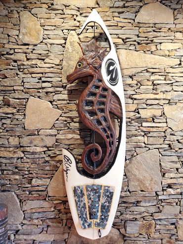 Surfboard Taxidermy carving of a Seahorse by artist Michael Clineman.