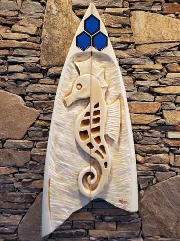Surfboard Taxidermy carving of a Seahorse by artist Michael Clineman.