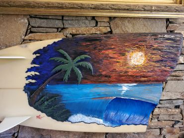 Surfboard Taxidermy carving of a Sunset Beach Scene by artist Michael Clineman.