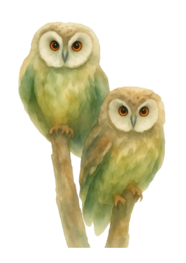Watercolor painting of two owls perched on branches.