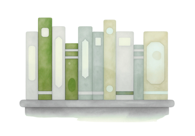A row of pastel-colored books on a shelf with green and beige tones.