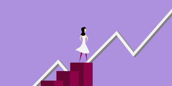 A woman stands confidently on a rising bar graph with an upward trend line.