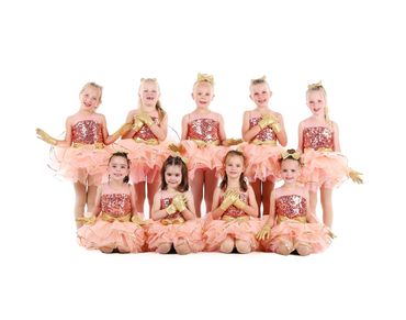 A group of young girls in matching pink and gold dance costumes posing for a photo.