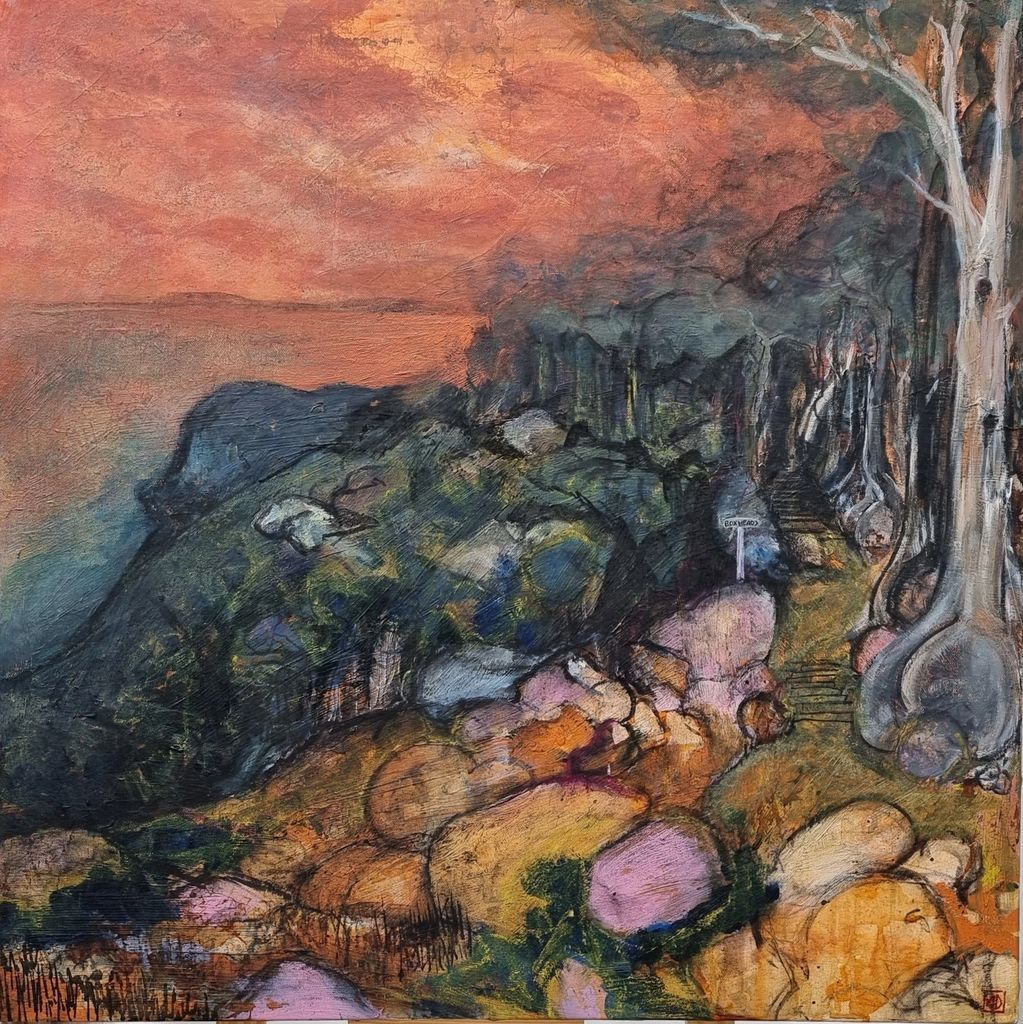 Golden Sunset 2021
Acrylic, Charcoal & Ink on Copperleaf Prepared Canvas
70x70cm