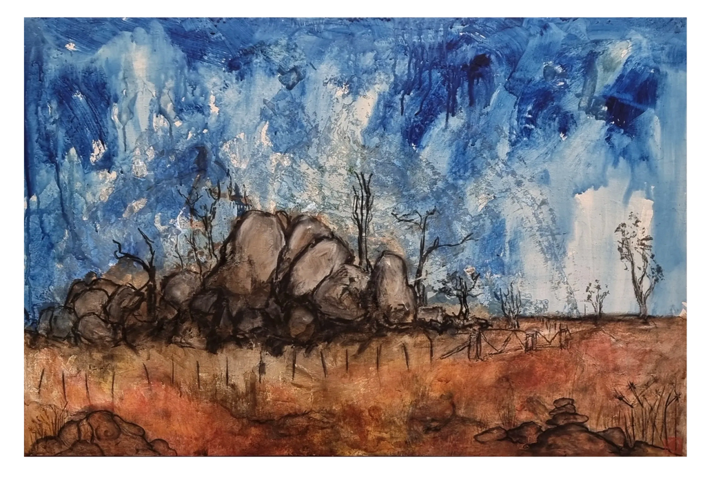 Oxley's Marbles - Revisited  2020
Acrylic, Charcoal & Ink on Timber Panel
88x58cm