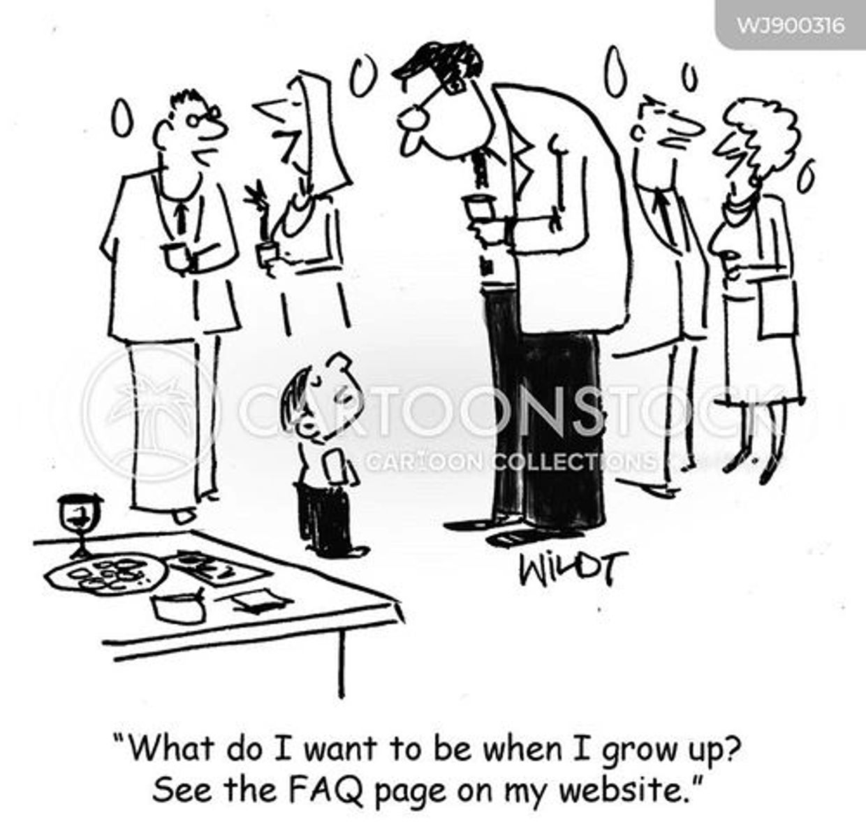 Child humorously defers future aspirations to FAQ page at a social gathering.